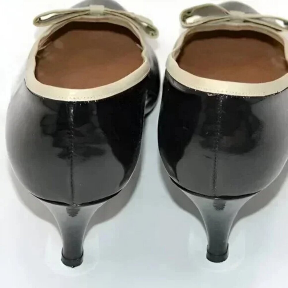 Palizzio Black Spanish Patent Leather Ivory Bow Minimalist Classic Pumps Heels 9 - Picture 8 of 13